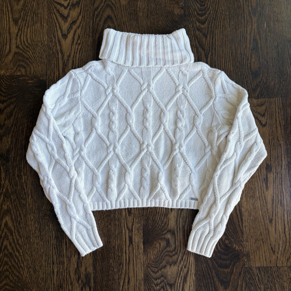 Hollister Cropped Cable Knit Turtleneck Sweater S White Ivory Chunky Boho Preppy